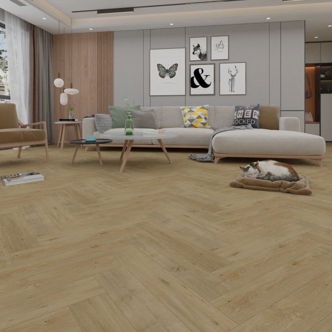 Knot and Grain Hurley Oak Herringbone Parquet Laminate Flooring 14mm - Underlay Attached (2mm)