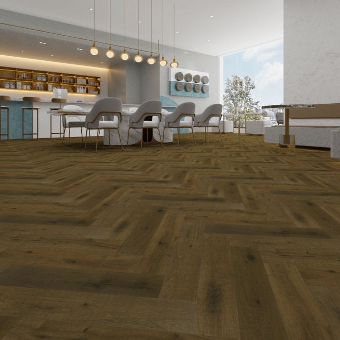 Knot and Grain Rutland Oak Herringbone Parquet Laminate Flooring 14mm - Underlay Attached (2mm)